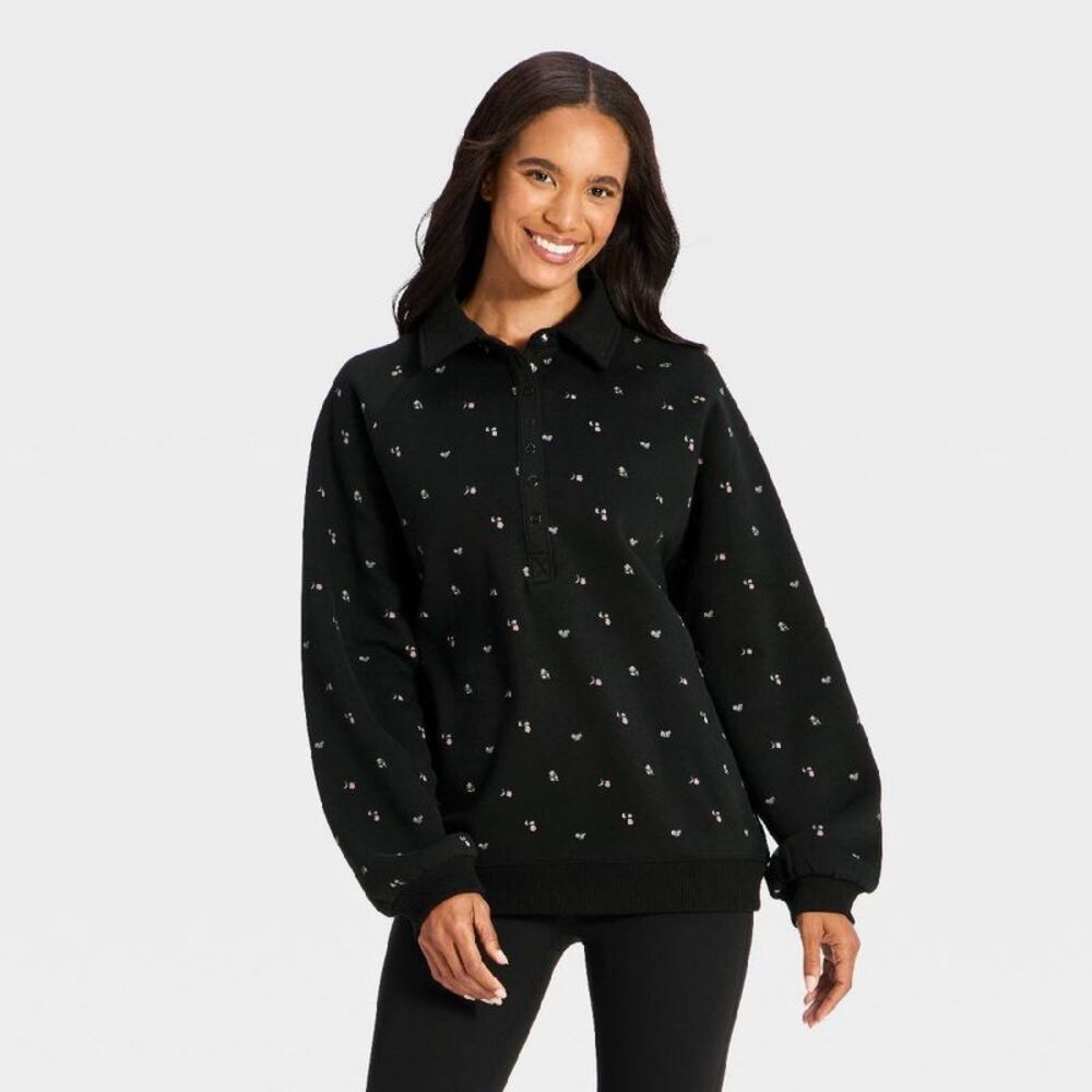 Women's Active Comfort Henley Sweatshirt - All In Motion Black Floral Print M